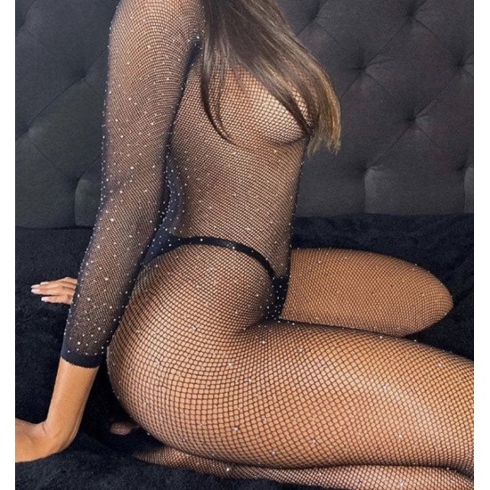 Must naiste võrkkangast bodystocking säravate detailidega